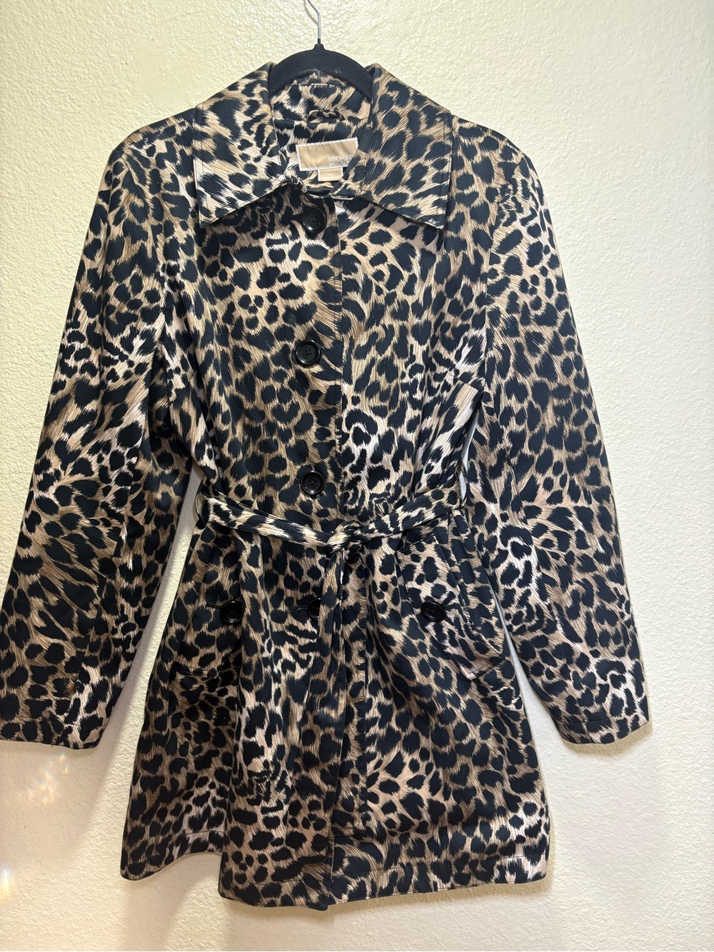 Michael Kors Leopard-Print Tie-Waist Trench Coat - Black & Tan